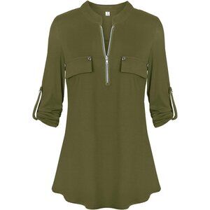Womens Green V Neck Zip Cuffed Sleeve Flowy Casual Work Tunic Tops Shirts